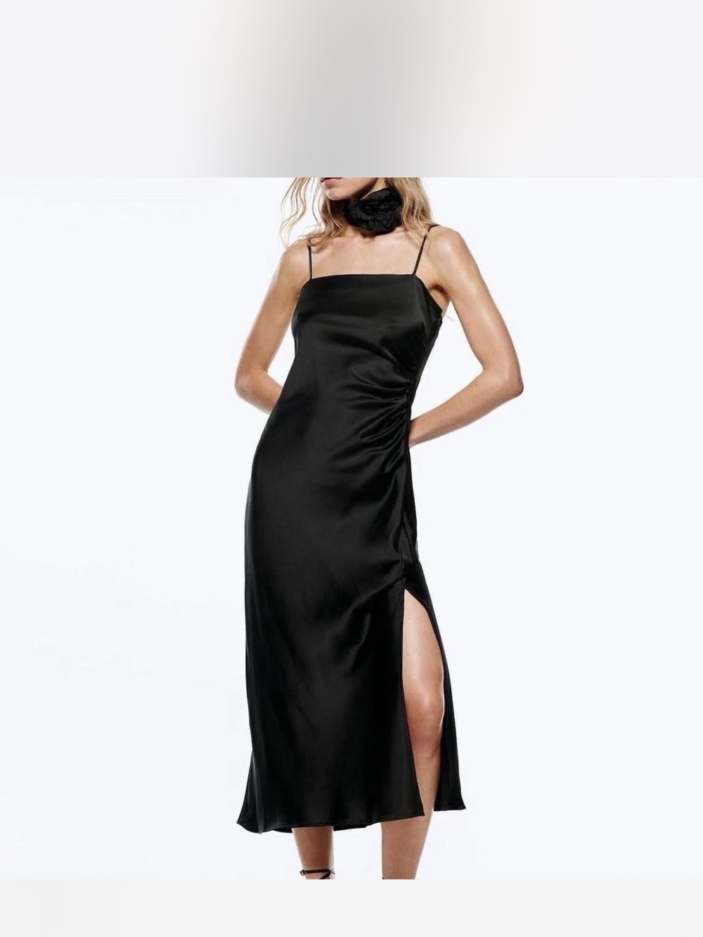 Zara Black Satin Slip Midi Dress with Thigh Slit